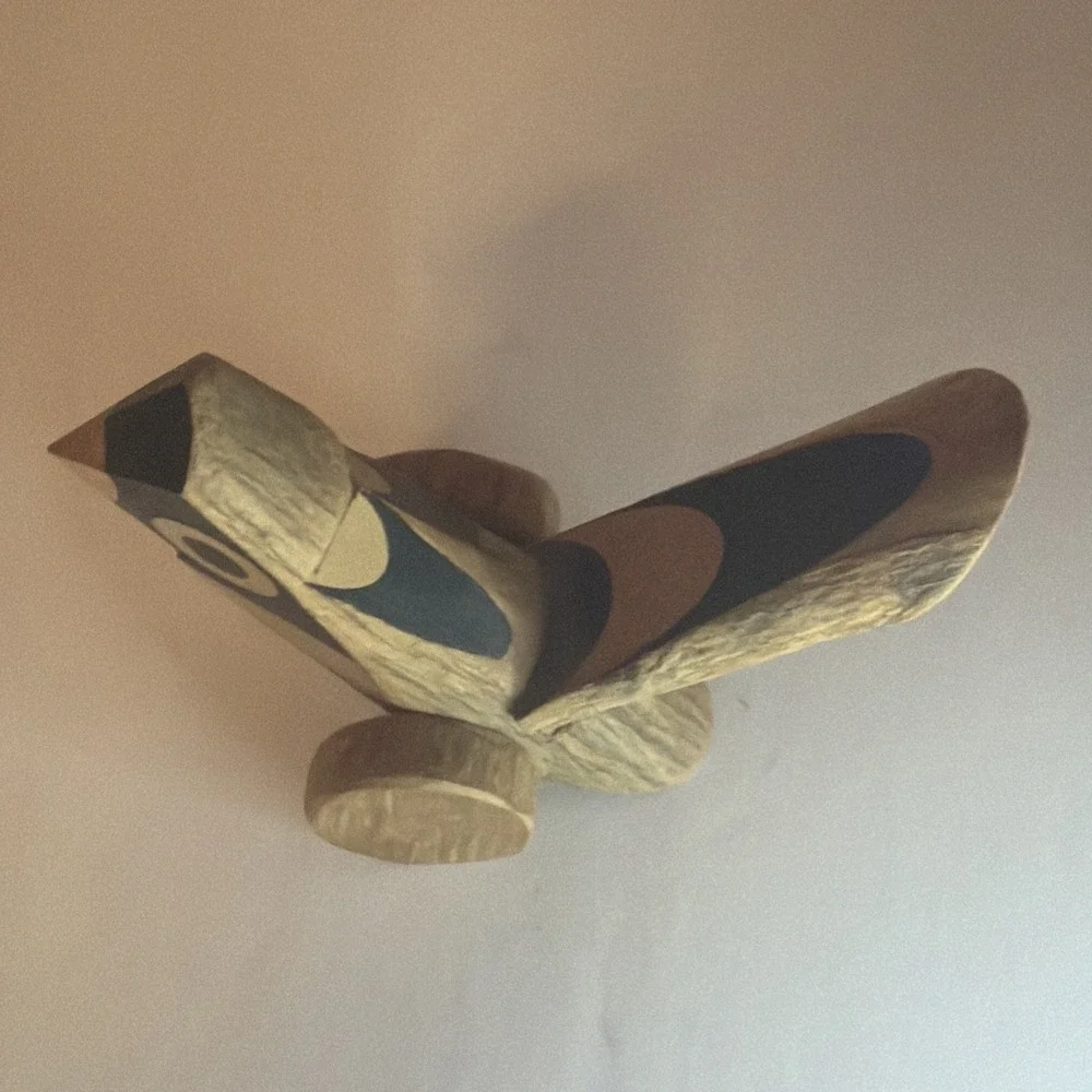 Kishima Japanese‎ Wooden Click Clack Bird Toy on wheels signed Japan Folk Art